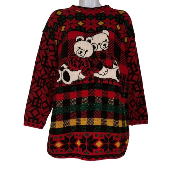 Vtg JJ Browne Christmas Sweater Womens L PulloverTeddy Bears Ugly Cute Holiday - Picture 1 of 10
